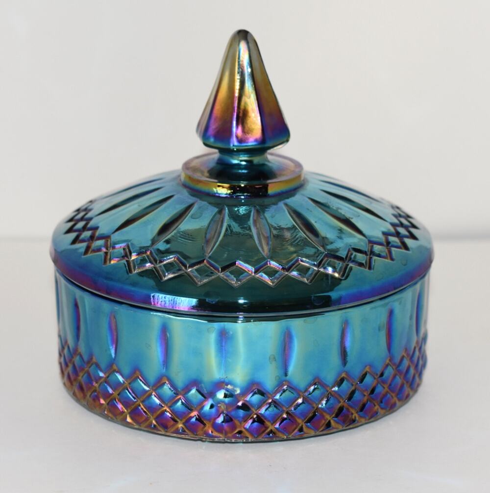 Indiana Glass Peacock Princess Iridescent Blue Carnival Lidded Dish